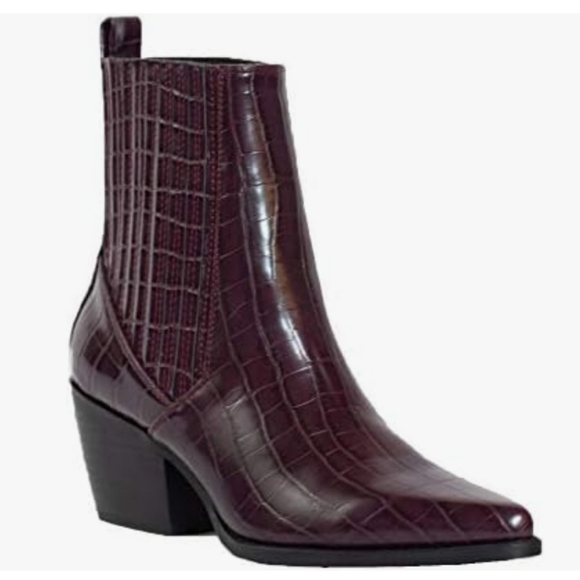 ARiderGirl Naomi Burgandy Western Croc Stacked Heel Pointed Toe Booties Size 6 - Picture 1 of 12